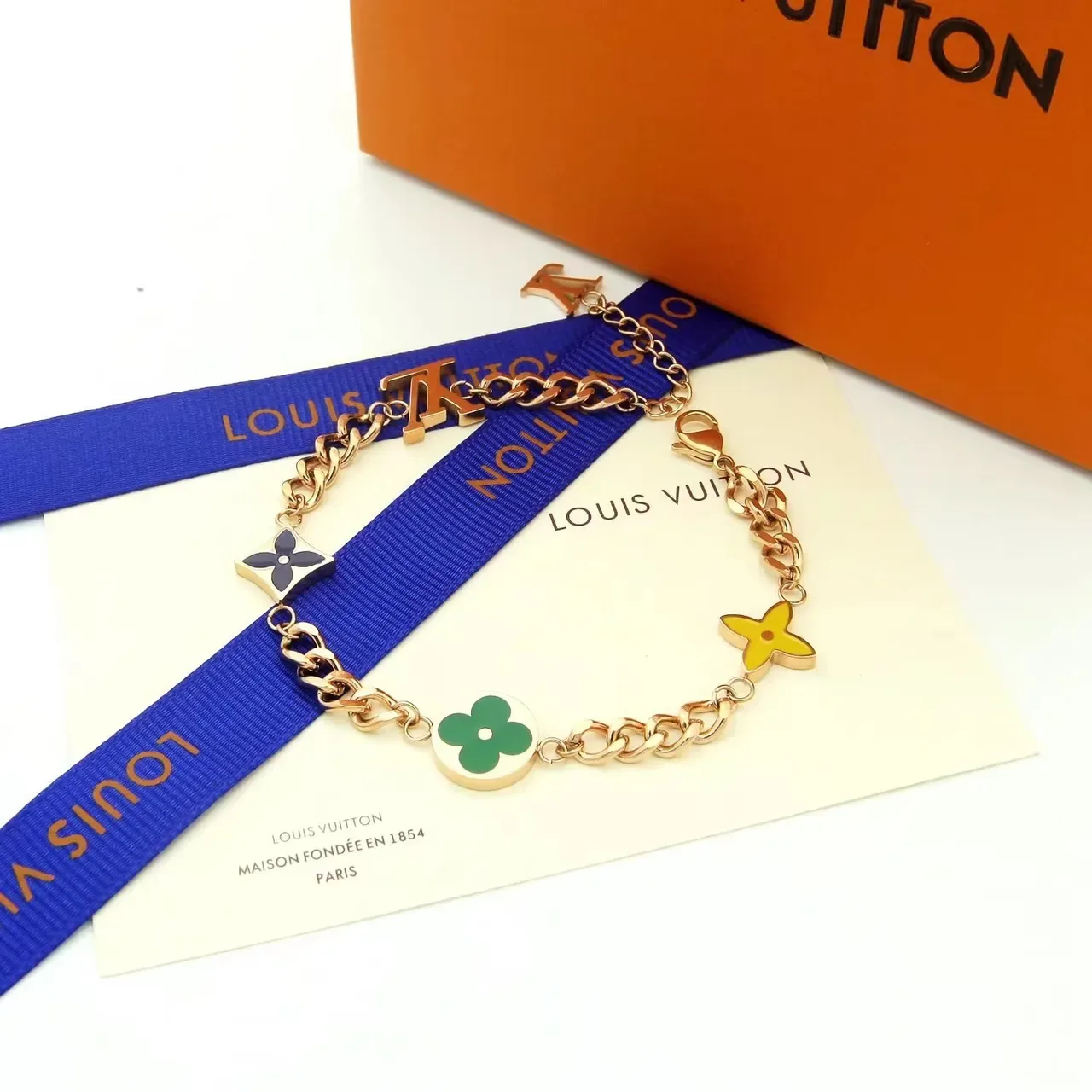 Louis Vuitton Monogram Flower Gold Silver Chain-Link Enamel-Charm Bracelet 3