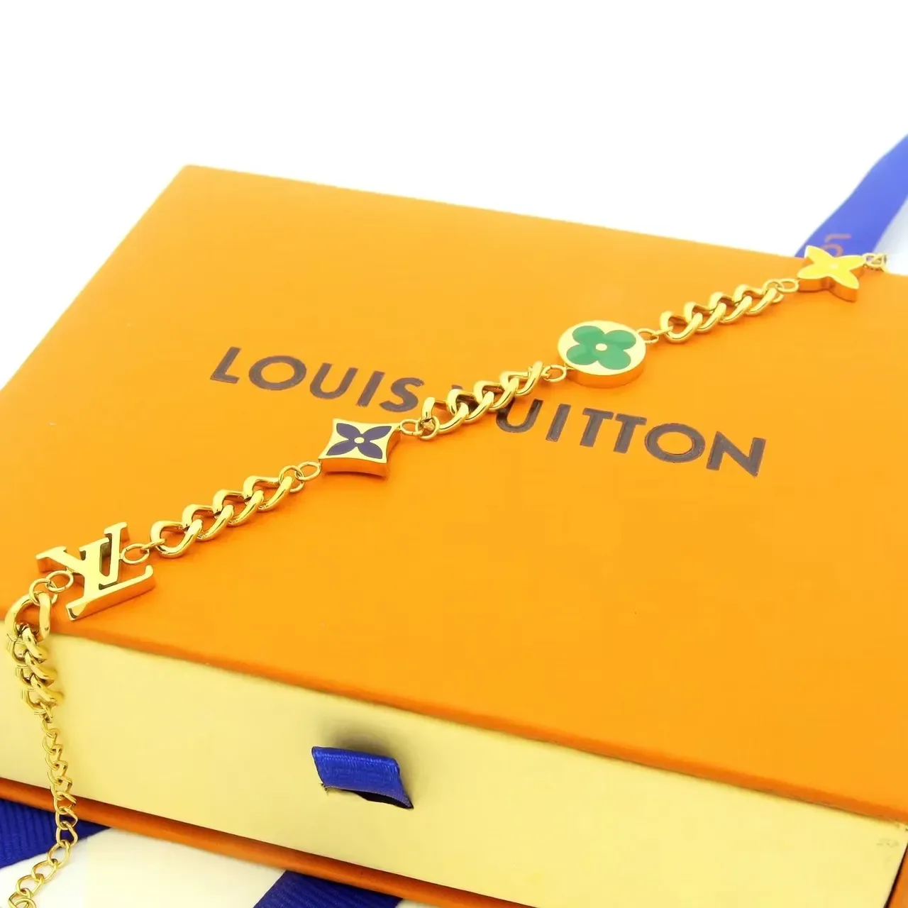 Louis Vuitton Monogram Flower Gold Silver Chain-Link Enamel-Charm Bracelet 4