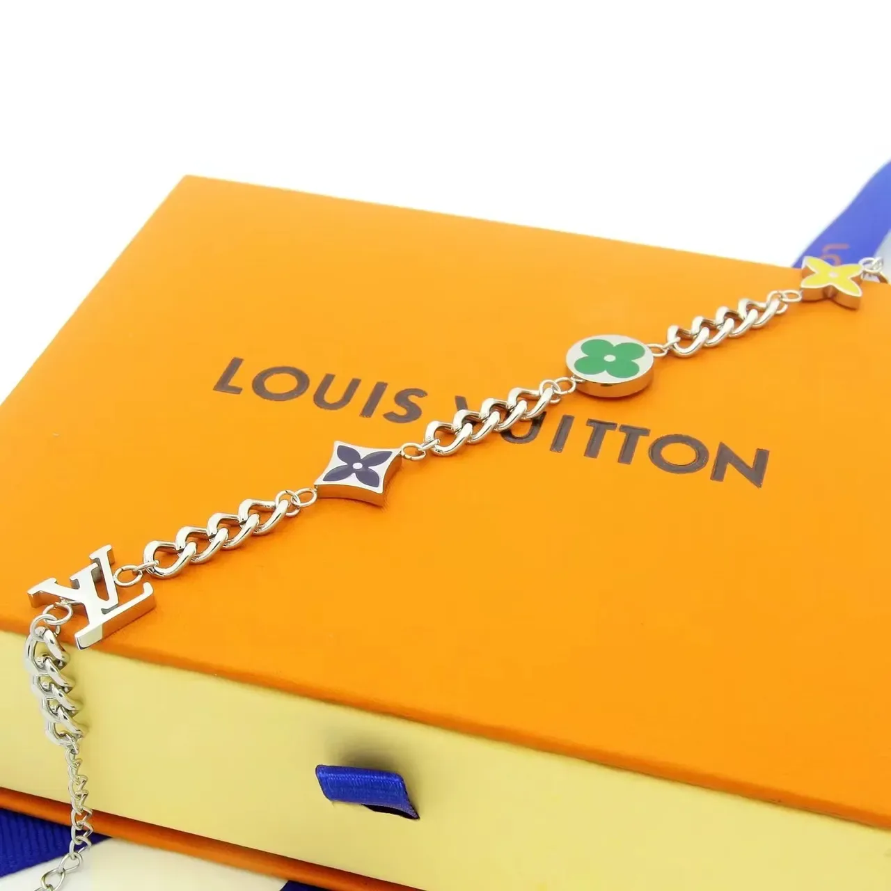 Louis Vuitton Monogram Flower Gold Silver Chain-Link Enamel-Charm Bracelet 5