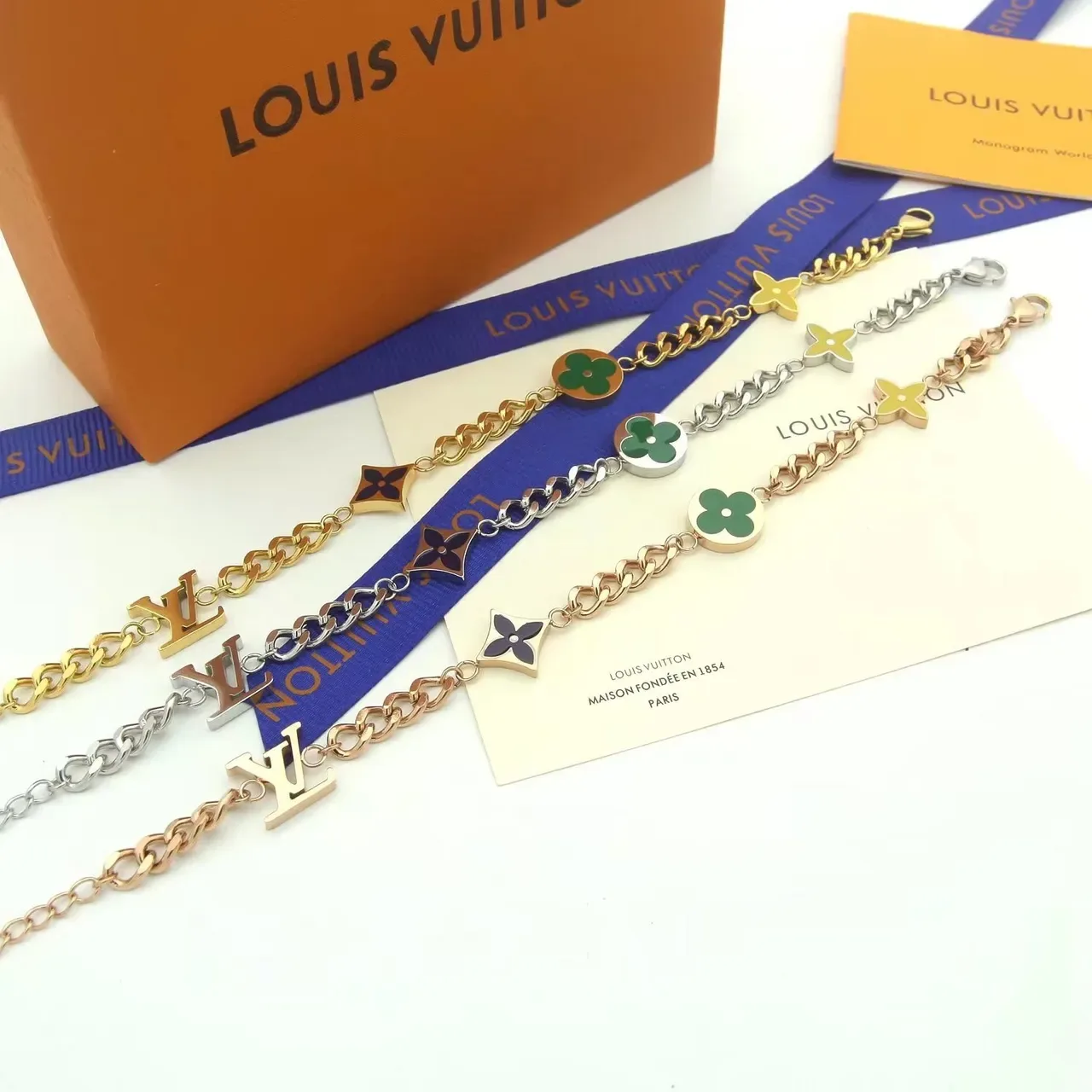 Louis Vuitton Monogram Flower Gold Silver Chain-Link Enamel-Charm Bracelet 6