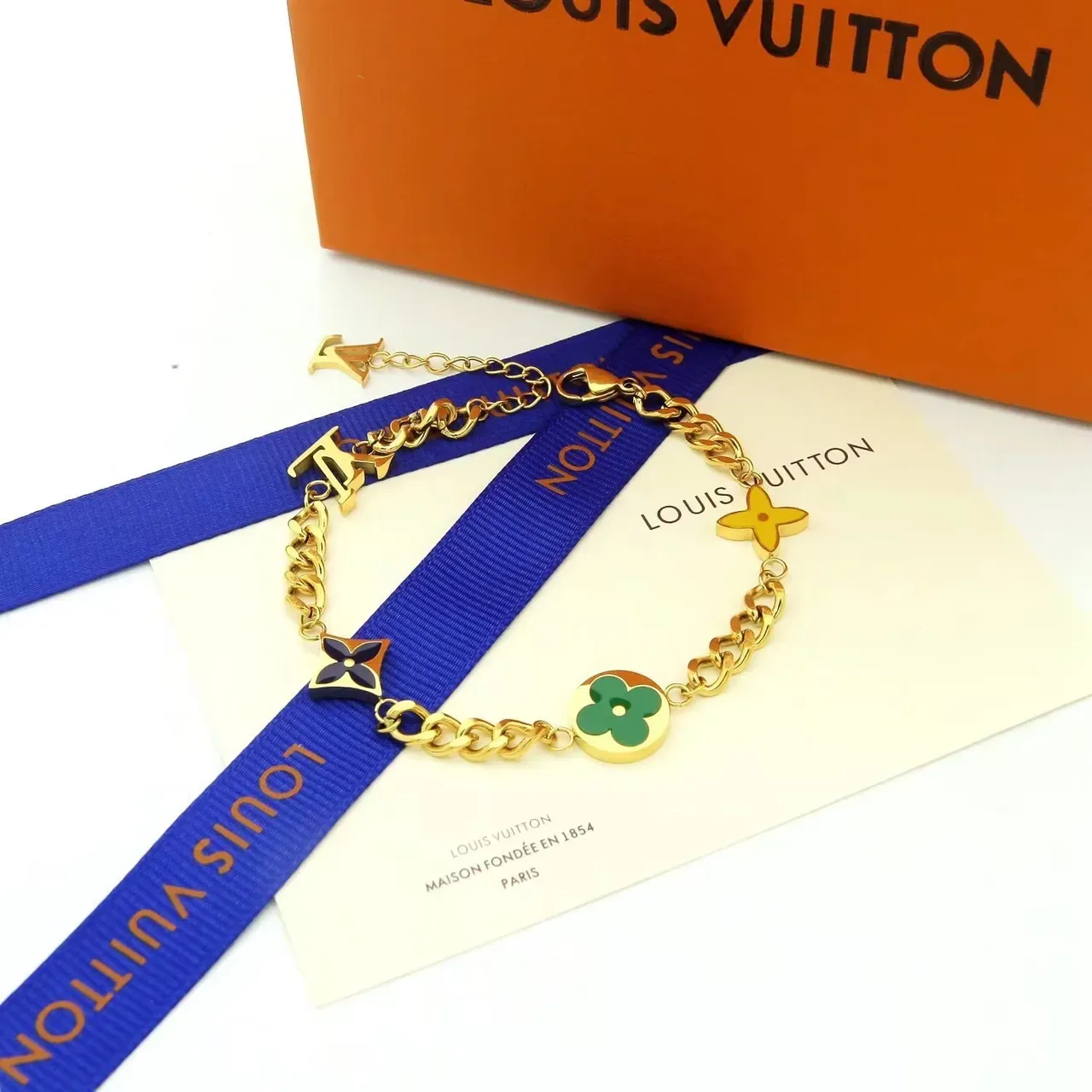 Louis Vuitton Monogram Flower Gold Silver Chain-Link Enamel-Charm Bracelet 7