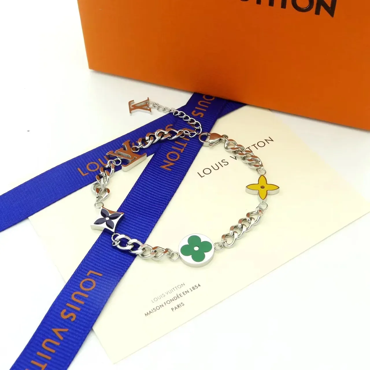 Louis Vuitton Monogram Flower Gold Silver Chain-Link Enamel-Charm Bracelet 8
