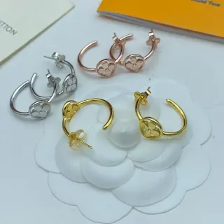 Louis Vuitton Monogram Flower Gold Silver Floral Quatrefoil Motif C-Shaped Hoop Earrings