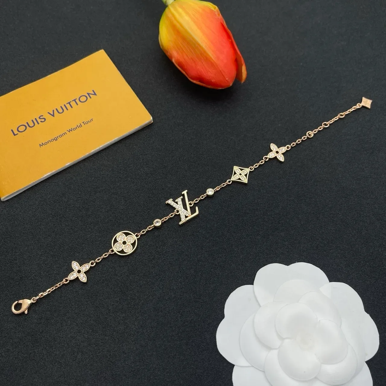Louis Vuitton Monogram Flower Gold-Tone Crystal Bracelet 8