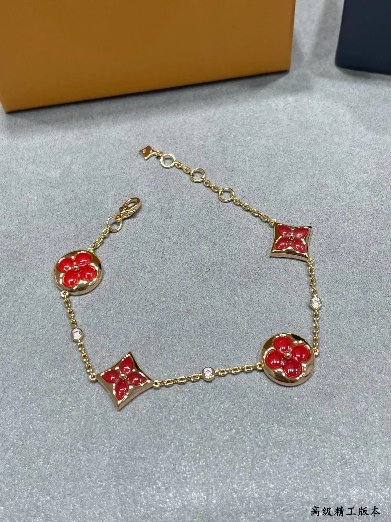 Louis Vuitton Monogram Flower Red Enamel Gold-Tone Chain Bracelet 2