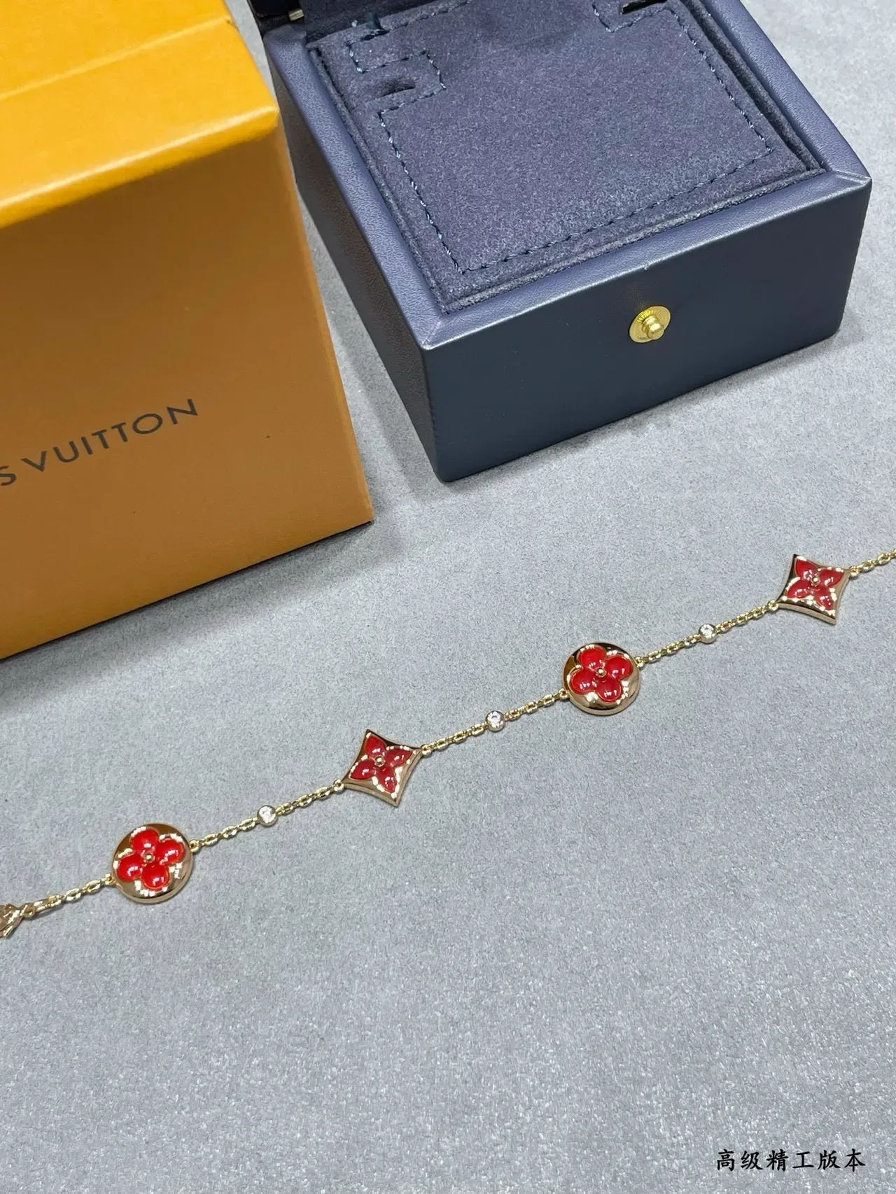 Louis Vuitton Monogram Flower Red Enamel Gold-Tone Chain Bracelet 4