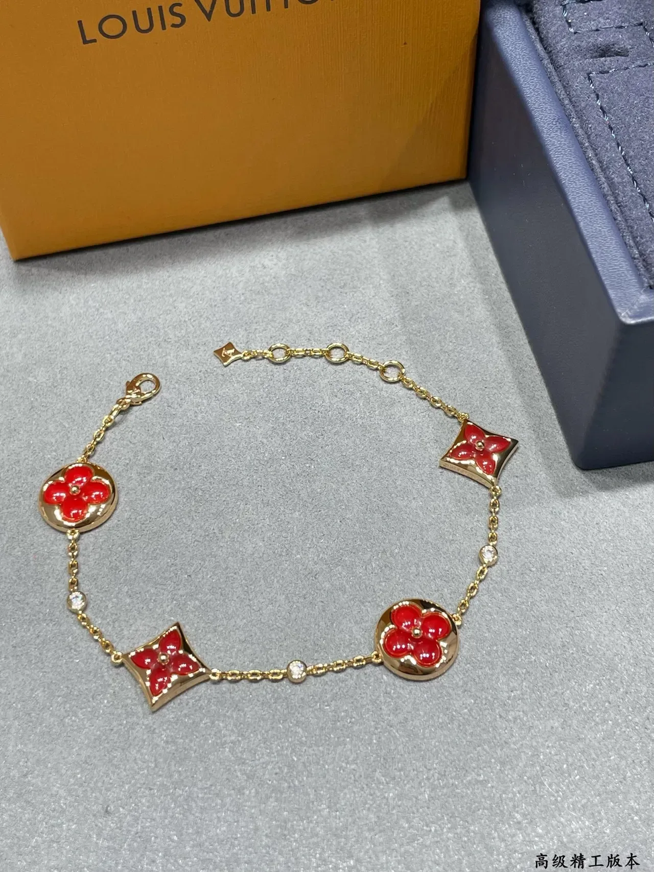 Louis Vuitton Monogram Flower Red Enamel Gold-Tone Chain Bracelet 5