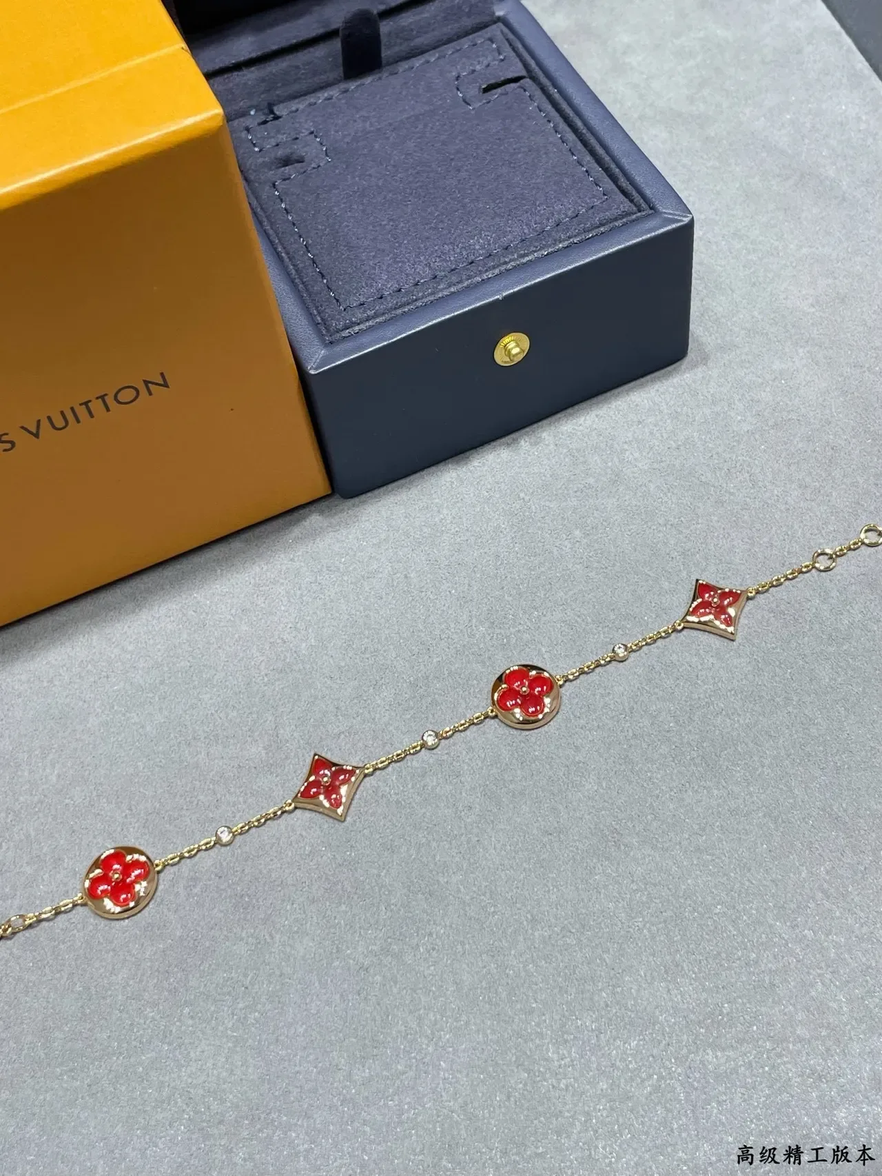 Louis Vuitton Monogram Flower Red Enamel Gold-Tone Chain Bracelet 7