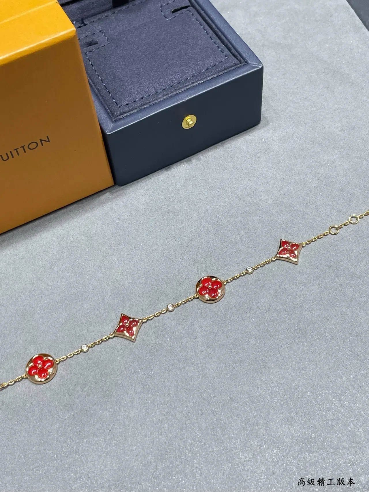 Louis Vuitton Monogram Flower Red Enamel Gold-Tone Chain Bracelet 8