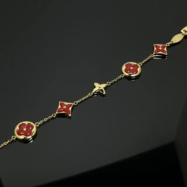 Louis Vuitton Monogram Flower Red Enamel Gold-Tone Chain Bracelet 2