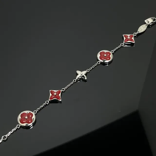 Louis Vuitton Monogram Flower Red Enamel Gold-Tone Chain Bracelet 3