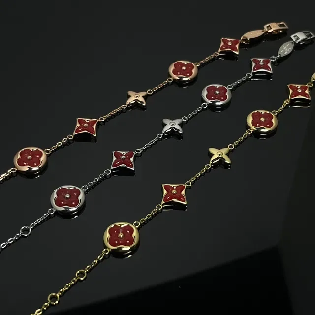 Louis Vuitton Monogram Flower Red Enamel Gold-Tone Chain Bracelet 4
