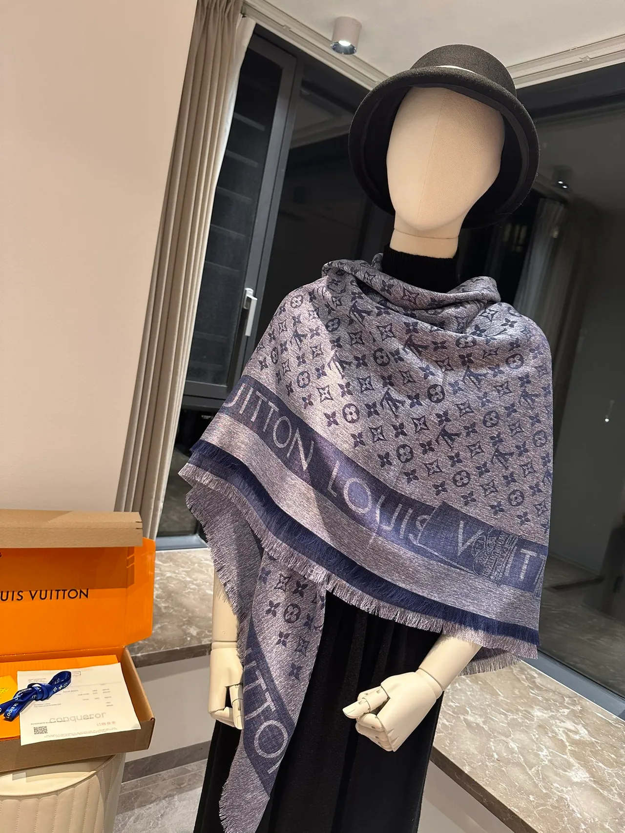 Louis Vuitton Monogram Gray Navy Fringed Shawl 2