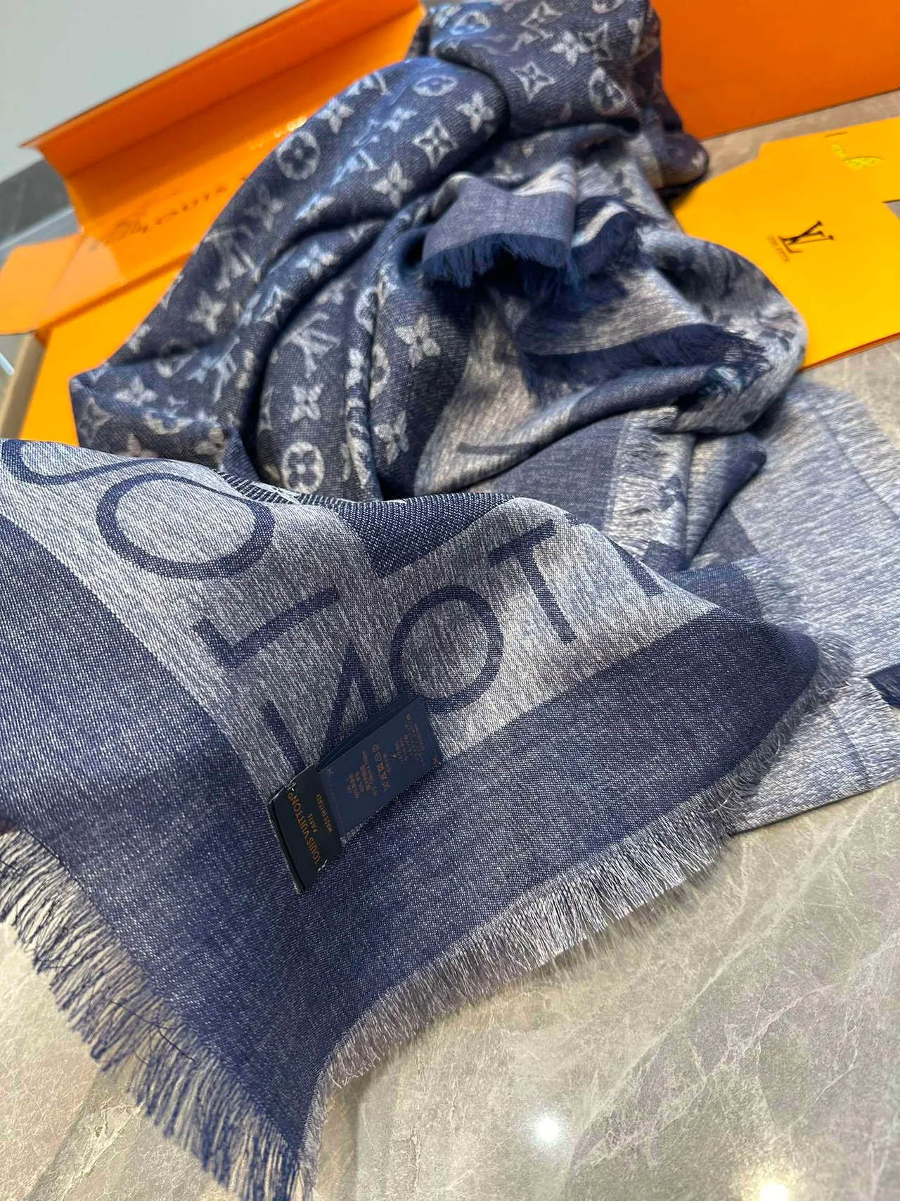 Louis Vuitton Monogram Gray Navy Fringed Shawl 5