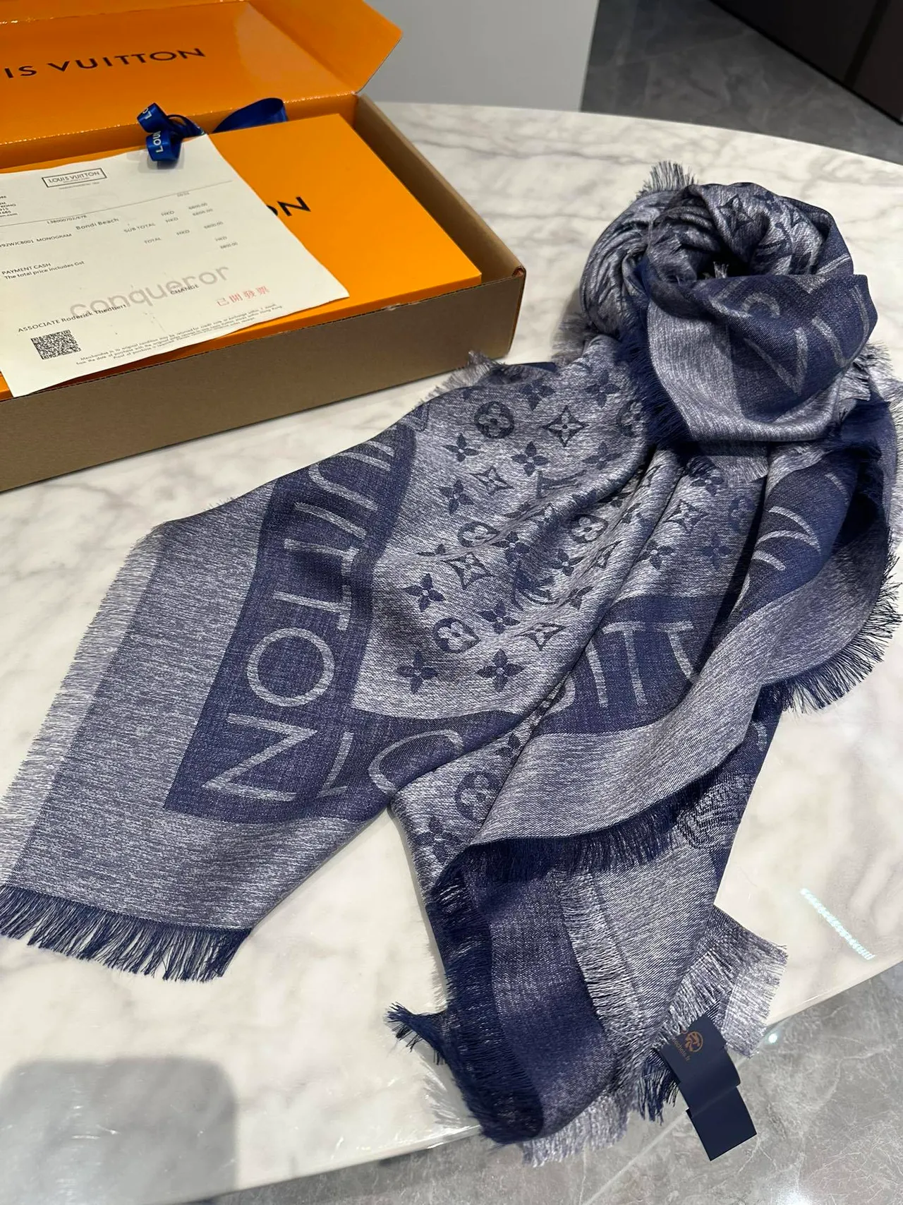 Louis Vuitton Monogram Gray Navy Fringed Shawl 8