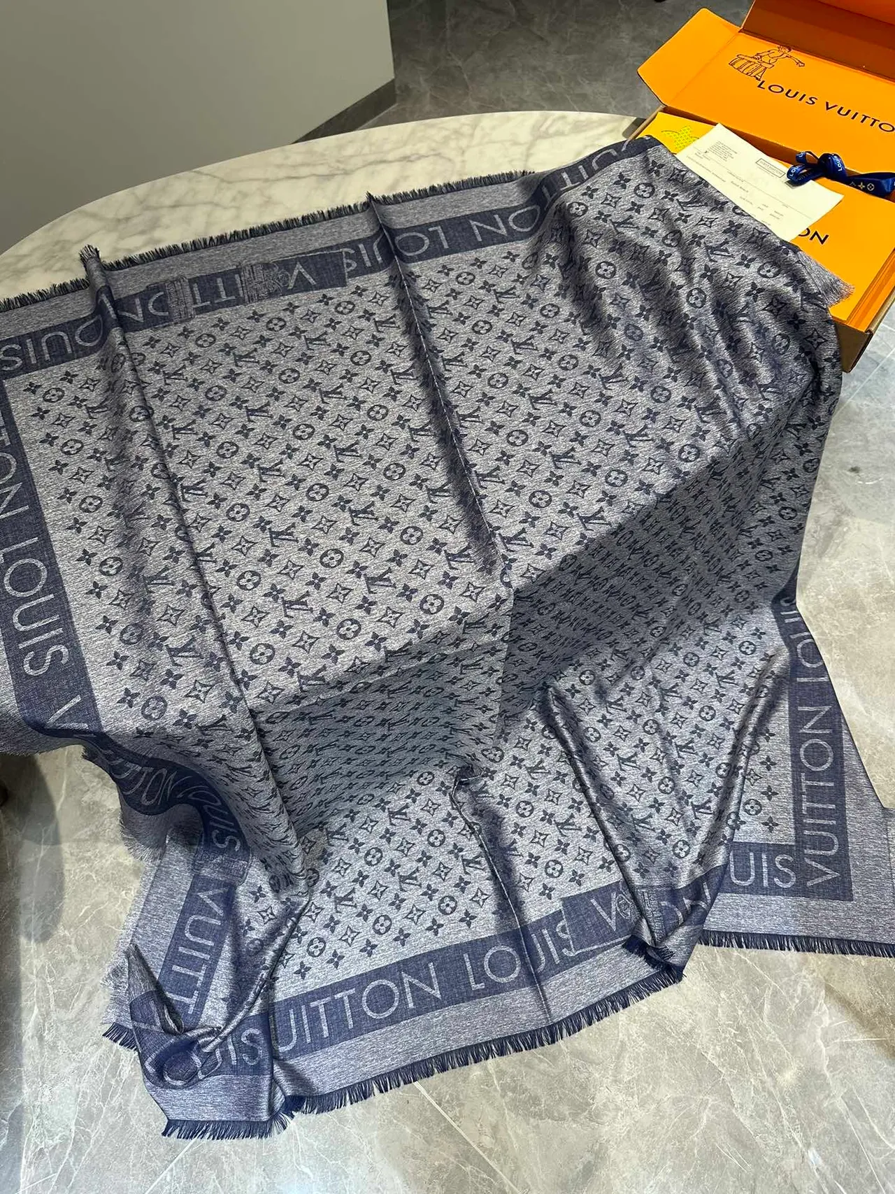 Louis Vuitton Monogram Gray Navy Fringed Shawl 9
