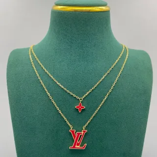 Louis Vuitton Monogram Jewelry Red Enamel LV and Flower Layered Necklaces