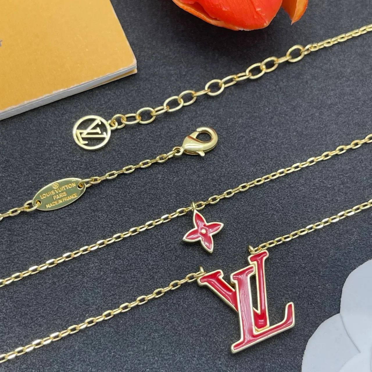 Louis Vuitton Monogram Jewelry Red Enamel LV and Flower Layered Necklaces 4