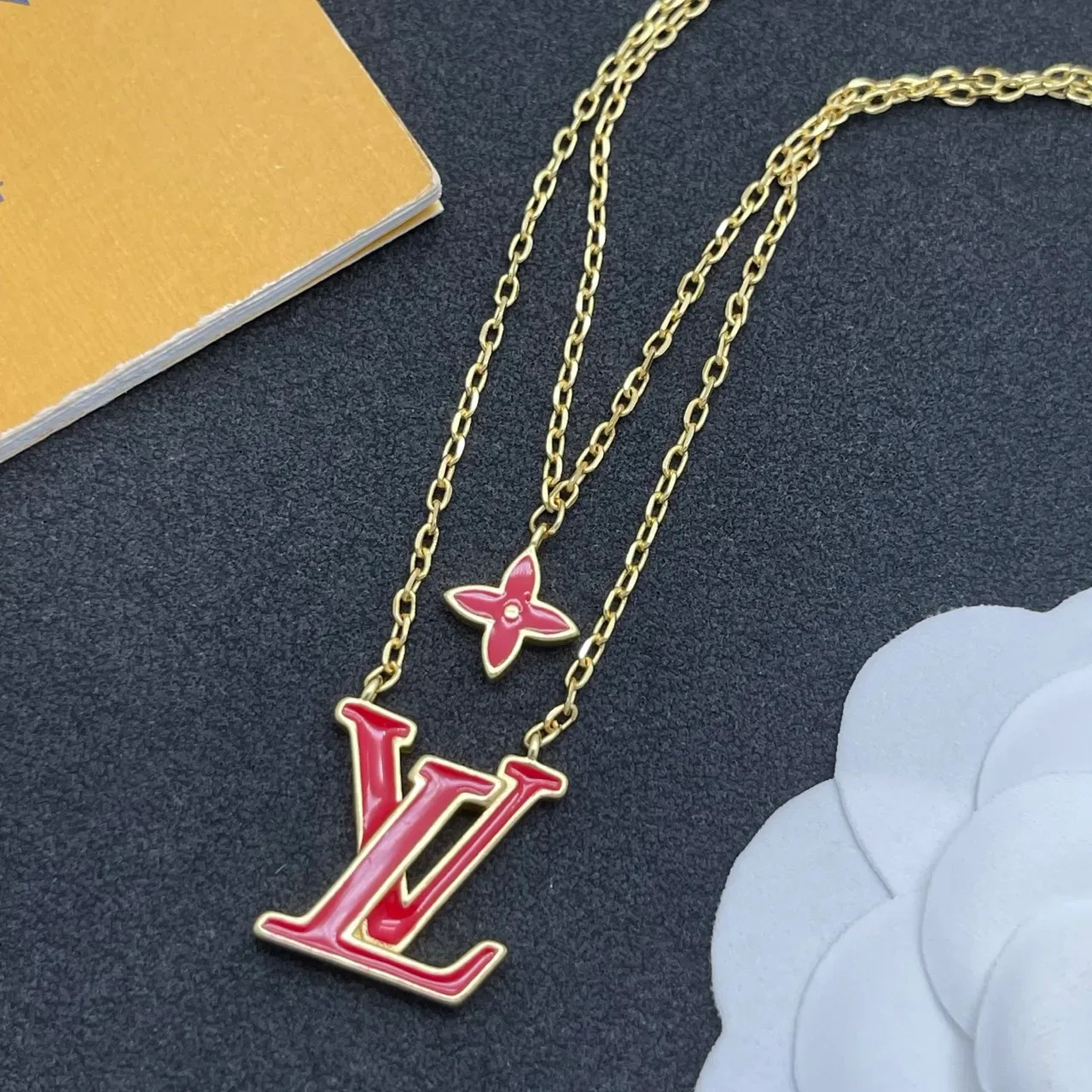 Louis Vuitton Monogram Jewelry Red Enamel LV and Flower Layered Necklaces 6