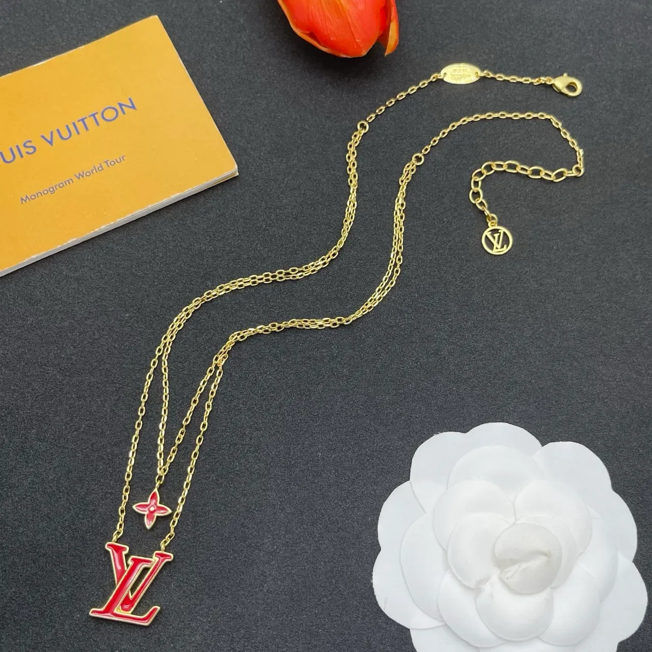 Louis Vuitton Monogram Jewelry Red Enamel LV and Flower Layered Necklaces 7