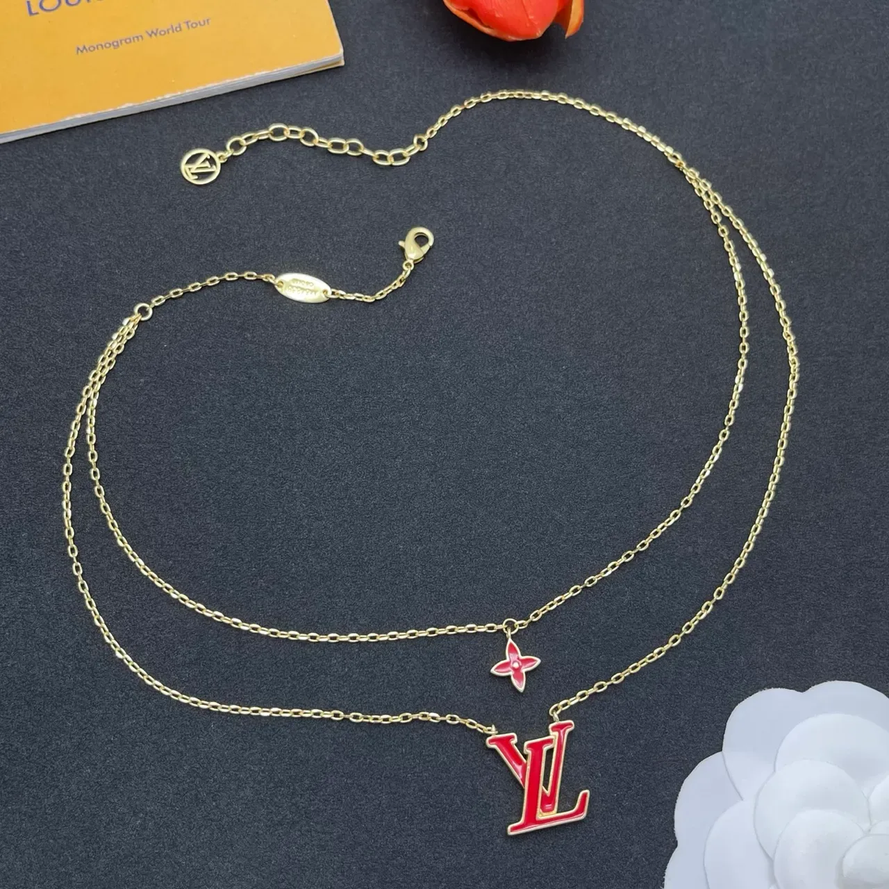 Louis Vuitton Monogram Jewelry Red Enamel LV and Flower Layered Necklaces 8