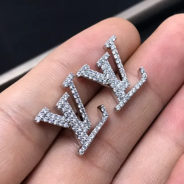 Louis Vuitton Monogram Jewelry Silver Gold Pavé-Set Letterform Earrings 2