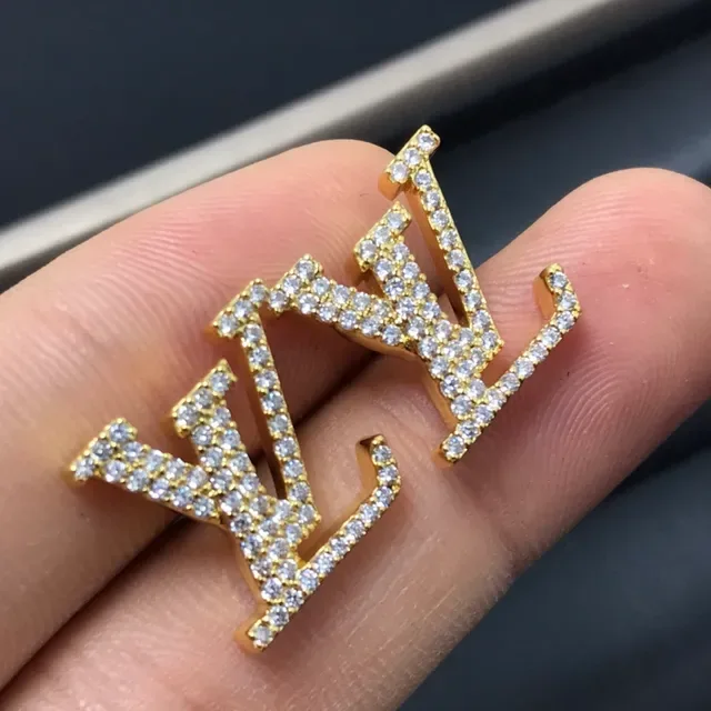 Louis Vuitton Monogram Jewelry Silver Gold Pavé-Set Letterform Earrings 4