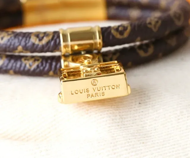 Louis Vuitton Monogram Leather Bracelet Brown Gold Braided Print Bracelet 2