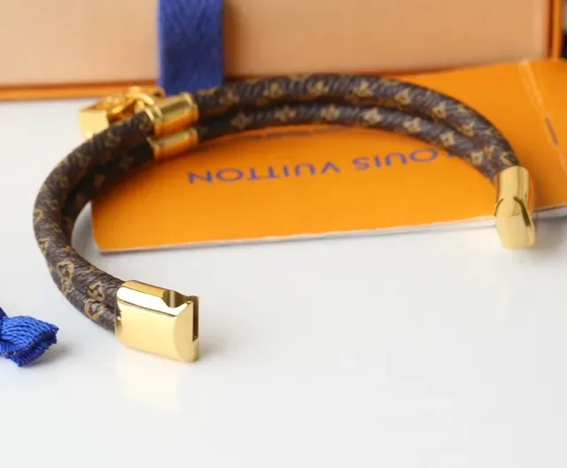 Louis Vuitton Monogram Leather Bracelet Brown Gold Braided Print Bracelet 5
