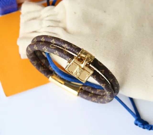 Louis Vuitton Monogram Leather Bracelet Brown Gold Braided Print Bracelet 6