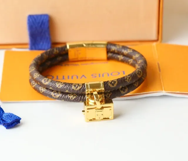 Louis Vuitton Monogram Leather Bracelet Brown Gold Braided Print Bracelet 7
