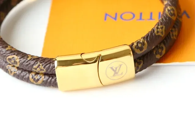 Louis Vuitton Monogram Leather Bracelet Brown Gold Braided Print Bracelet 8