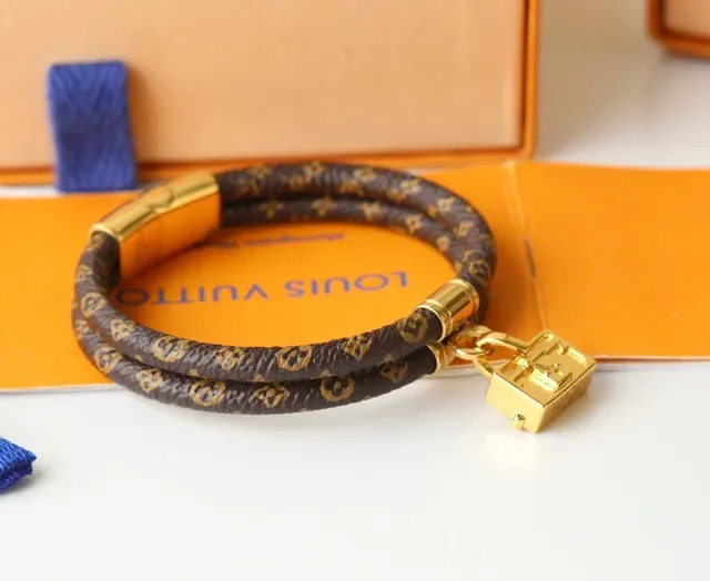 Louis Vuitton Monogram Leather Bracelet Brown Gold Braided Print Bracelet 9