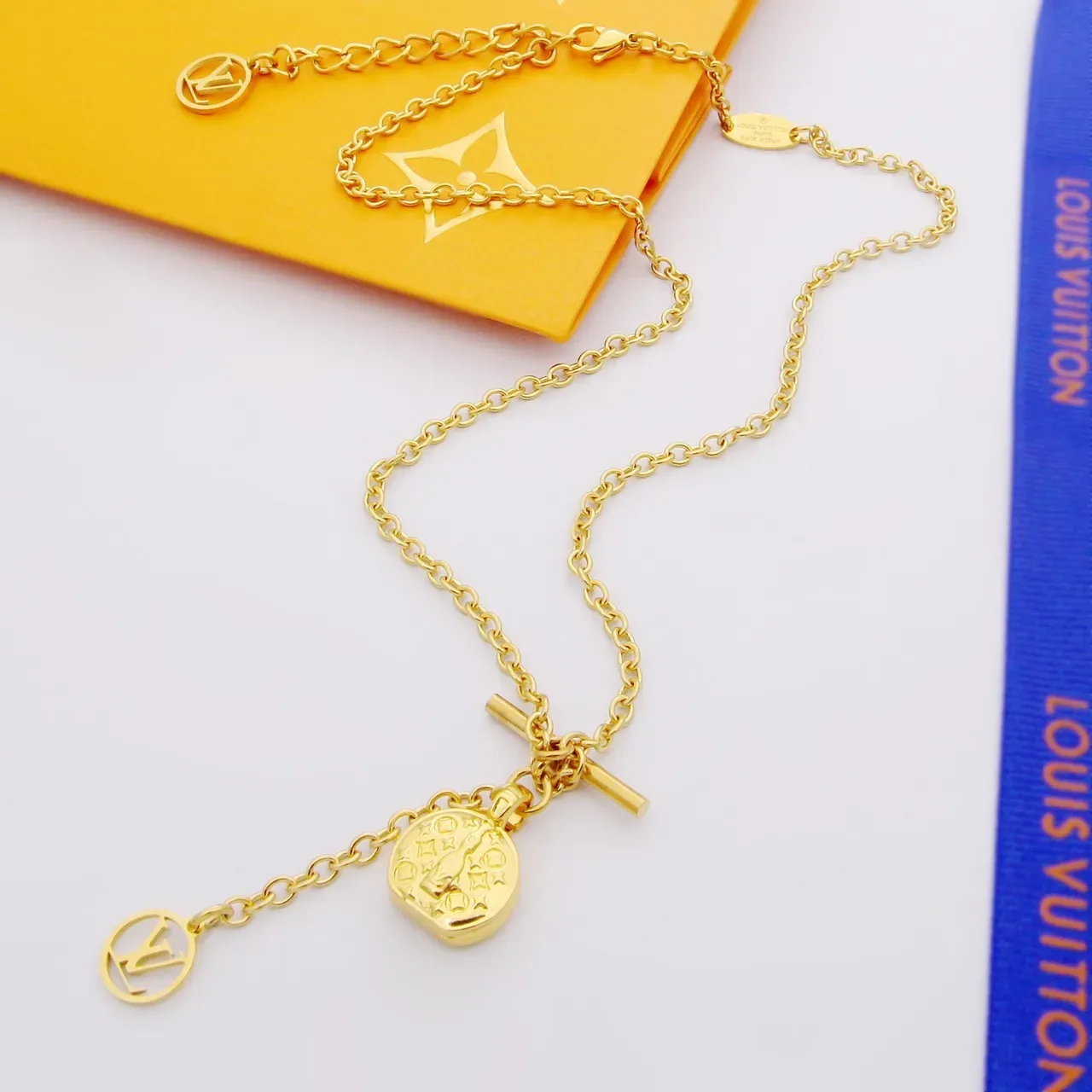 Louis Vuitton Monogram Medallion Gold Chain Toggle Clasp Necklace 4