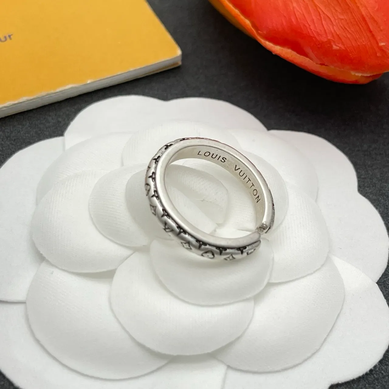 Louis Vuitton Monogram Ring Silver Black Engraved Band Metal Ring 3