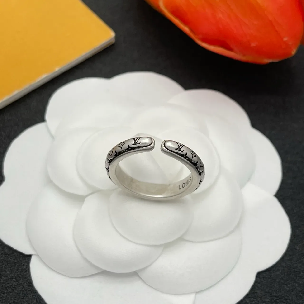 Louis Vuitton Monogram Ring Silver Black Engraved Band Metal Ring 4