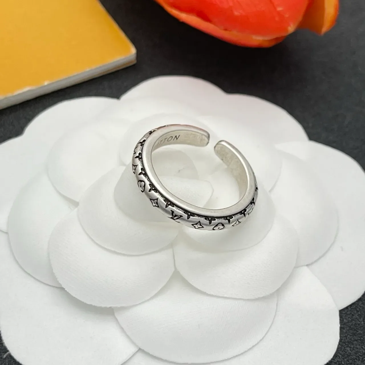 Louis Vuitton Monogram Ring Silver Black Engraved Band Metal Ring 5