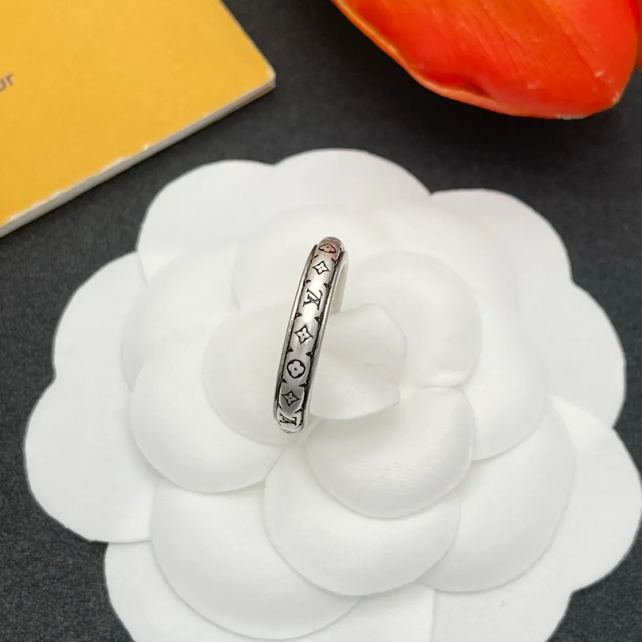 Louis Vuitton Monogram Ring Silver Black Engraved Band Metal Ring 6