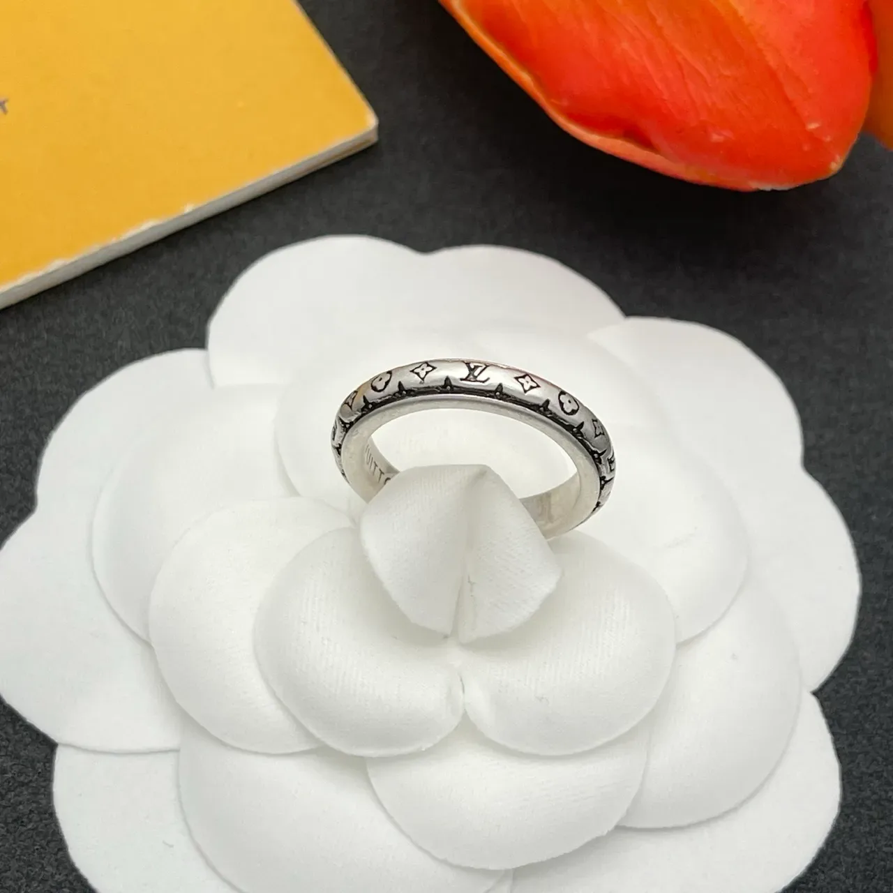 Louis Vuitton Monogram Ring Silver Black Engraved Band Metal Ring 7