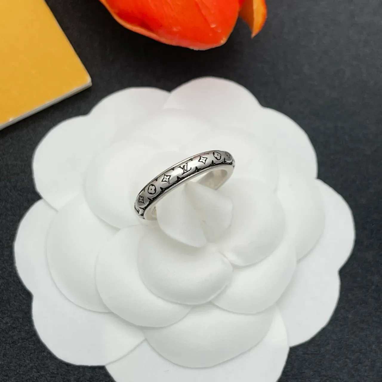 Louis Vuitton Monogram Ring Silver Black Engraved Band Metal Ring 8