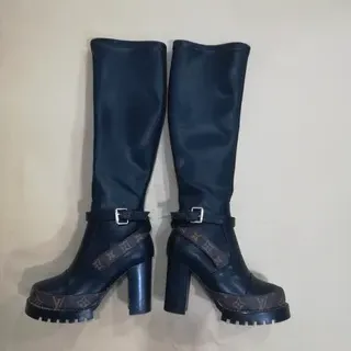 Louis Vuitton Monogram Trim Buckle Strap Knee Boots