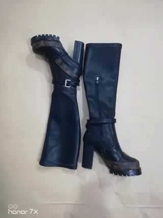 Louis Vuitton Monogram Trim Buckle Strap Knee Boots 8