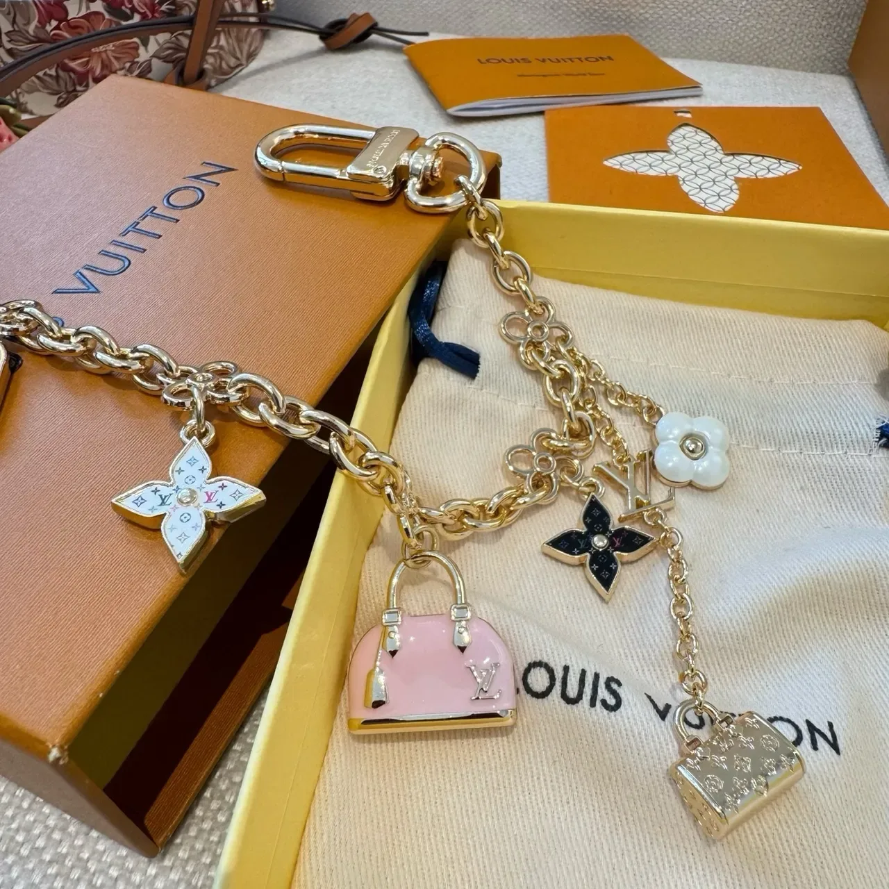 Louis Vuitton Monogram World Tour Gold Pink Chain Multi-Charm Pendant Bracelet 3