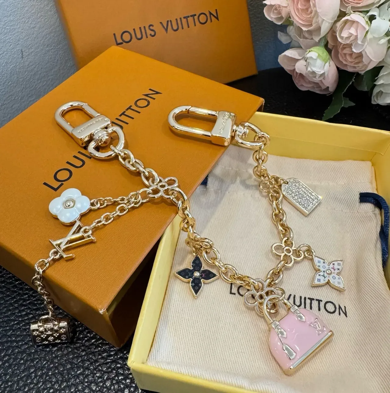 Louis Vuitton Monogram World Tour Gold Pink Chain Multi-Charm Pendant Bracelet 4