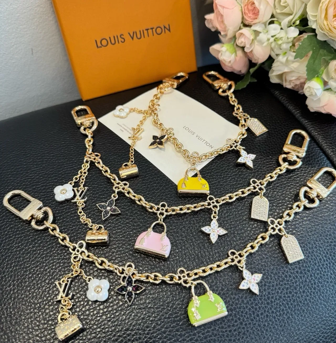 Louis Vuitton Monogram World Tour Gold Pink Chain Multi-Charm Pendant Bracelet 8