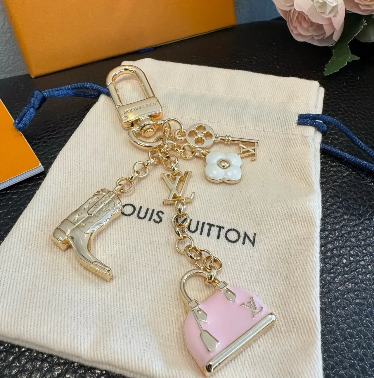 Louis Vuitton Multi Charm Gold Pink Metal Enamel Bag Bracelet 2