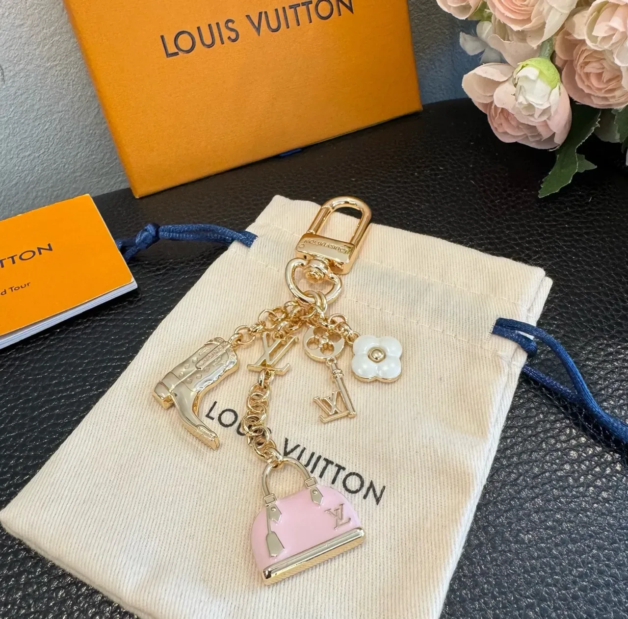 Louis Vuitton Multi Charm Gold Pink Metal Enamel Bag Bracelet 3
