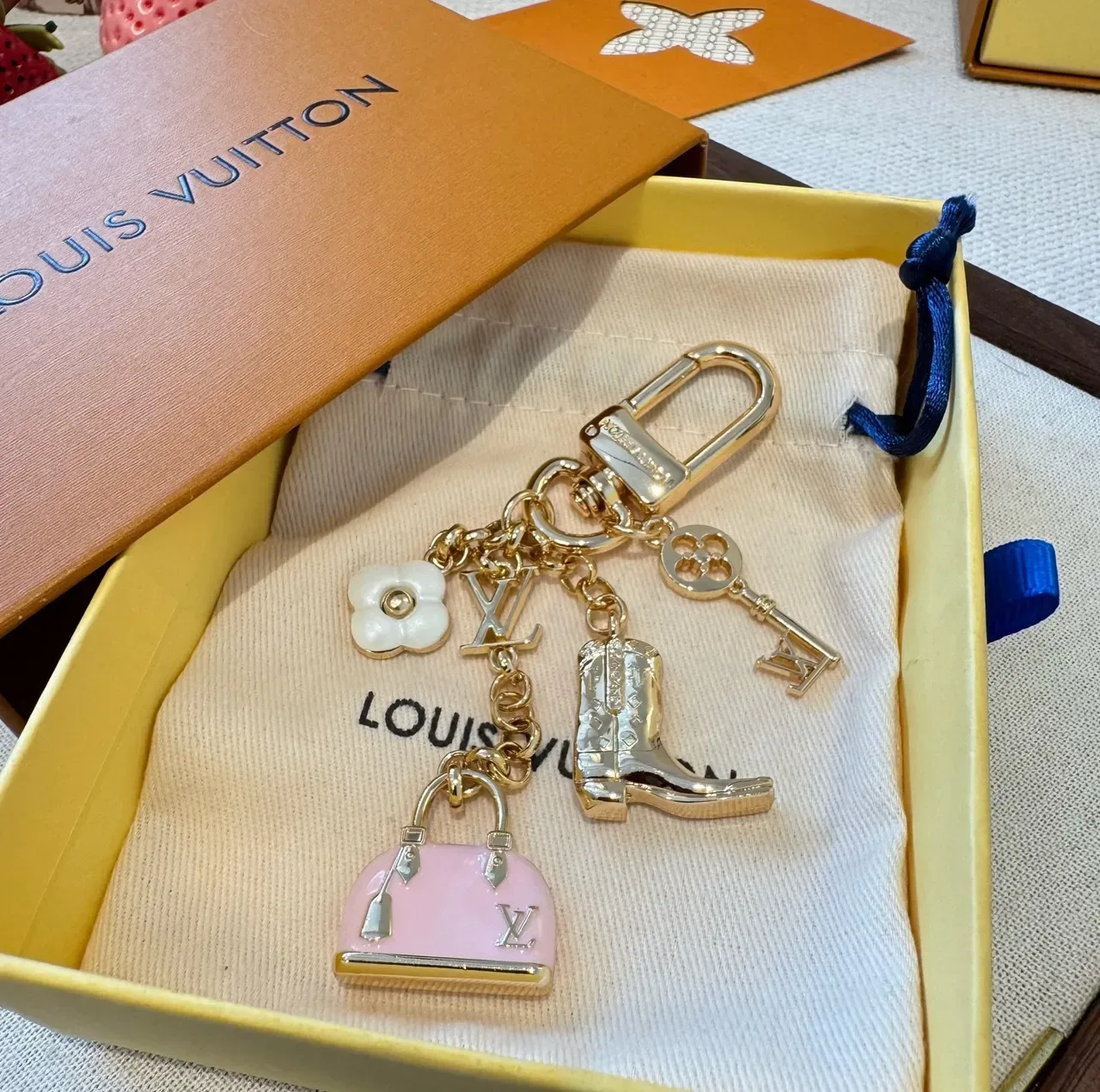 Louis Vuitton Multi Charm Gold Pink Metal Enamel Bag Bracelet 4