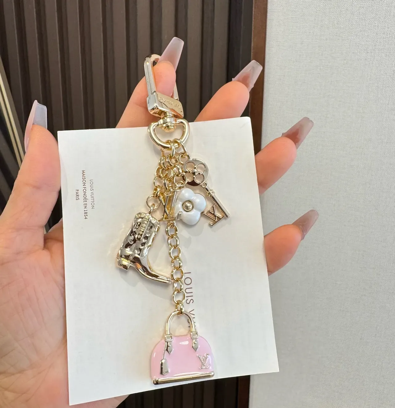 Louis Vuitton Multi Charm Gold Pink Metal Enamel Bag Bracelet 5