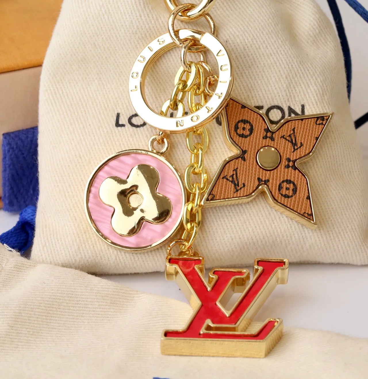 Louis Vuitton Multi-Charm Keychain Gold Red Metal Enamel Charms Handbag 3
